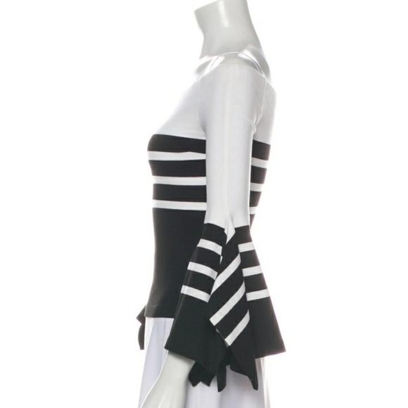 🌱 Rosetta Getty Off the Shoulder Crop Top Black White Stripe Sz 0/XS - Picture 2 of 9